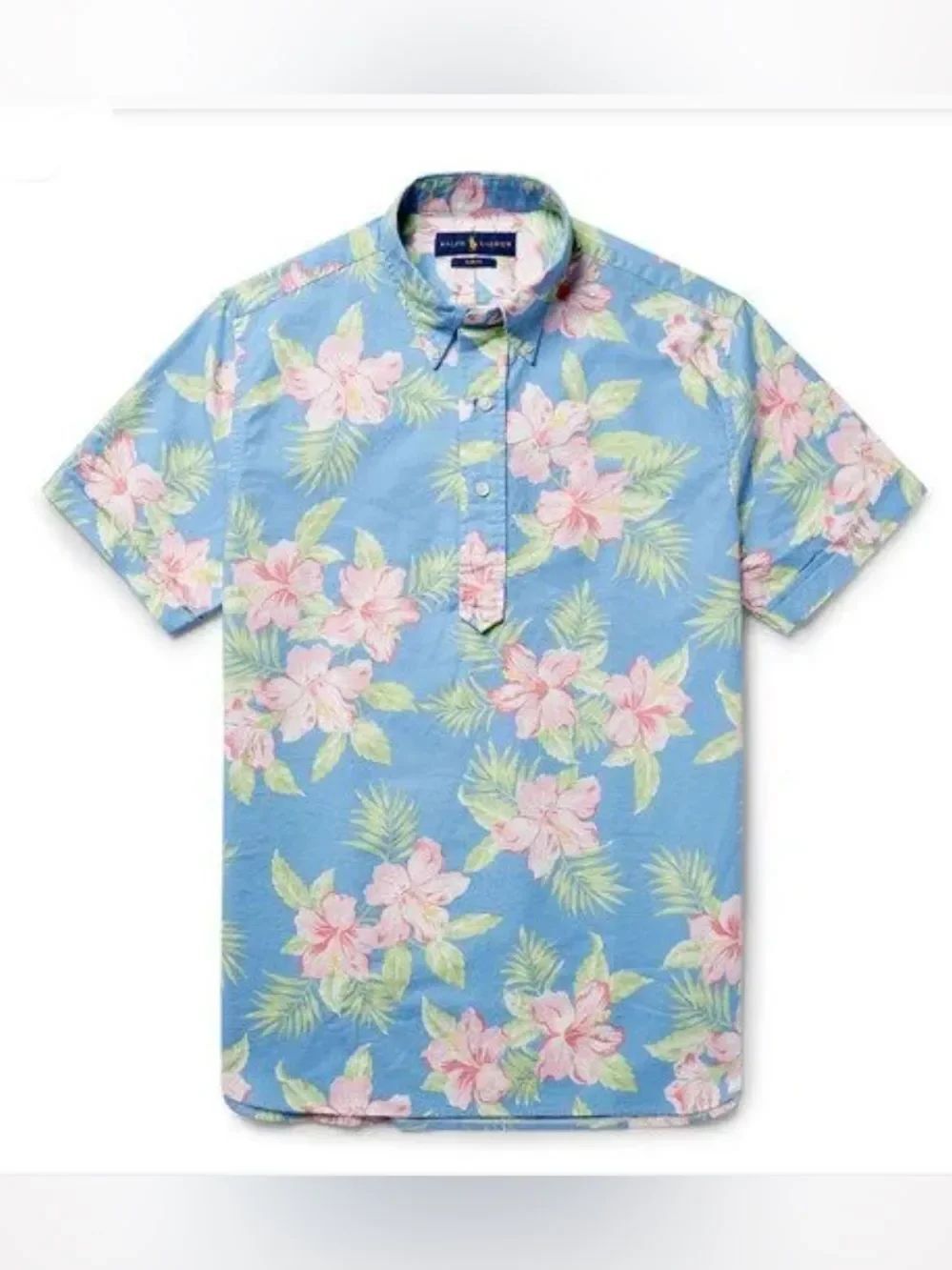 Ralph Lauren Light Blue Tropical Print 100% Cotton Short Sleeve Pullover Shirt
